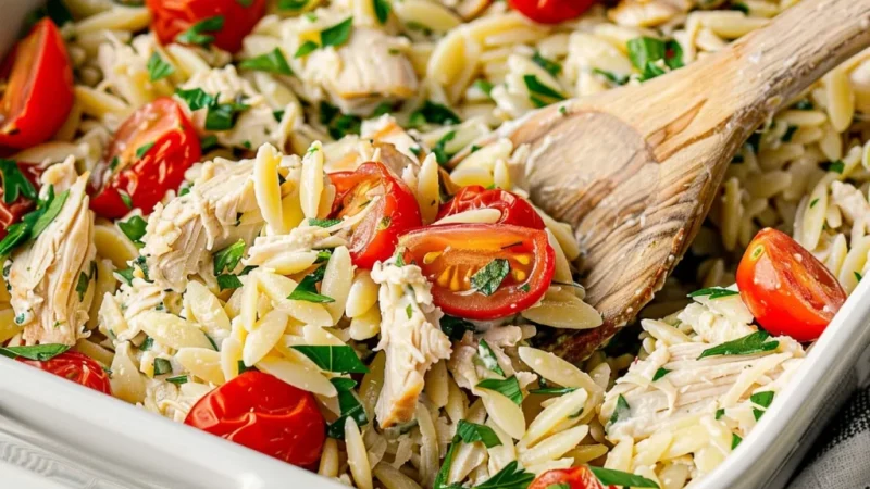 Dump and Bake Chicken Orzo Bake