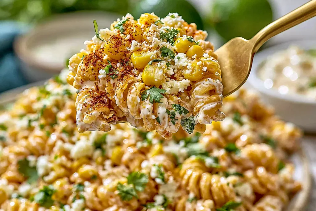 Close-up of Grilled Corn Elote Pasta Salad Greek Yogurt with rotini, charred corn, cotija cheese, cilantro, chili seasoning, and creamy lime dressing on a fork.