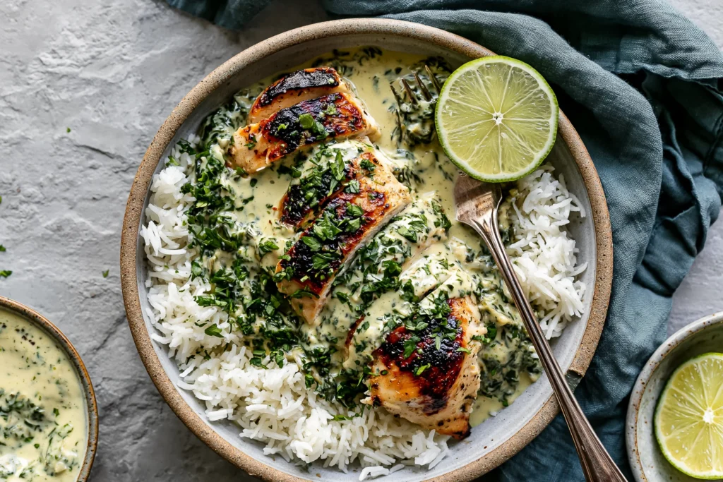 Creamy Herb Chicken & Basmati Rice topped with creamy garlic herb sauce, fluffy basmati rice, fresh parsley, and lime for an easy one-pan dinner.