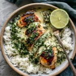 Creamy Herb Chicken & Basmati Rice topped with creamy garlic herb sauce, fluffy basmati rice, fresh parsley, and lime for an easy one-pan dinner.