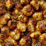 Close-up of crispy Coconut Peach Chicken coated in a rich sweet peach glaze and garnished with fresh parsley in a serving dish
