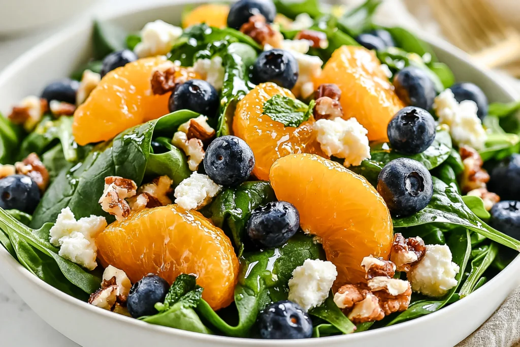 Blueberry Citrus Spinach Salad made with fresh spinach, juicy mandarin oranges, blueberries, goat cheese, crunchy walnuts, and honey citrus dressing.