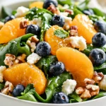 Blueberry Citrus Spinach Salad made with fresh spinach, juicy mandarin oranges, blueberries, goat cheese, crunchy walnuts, and honey citrus dressing.