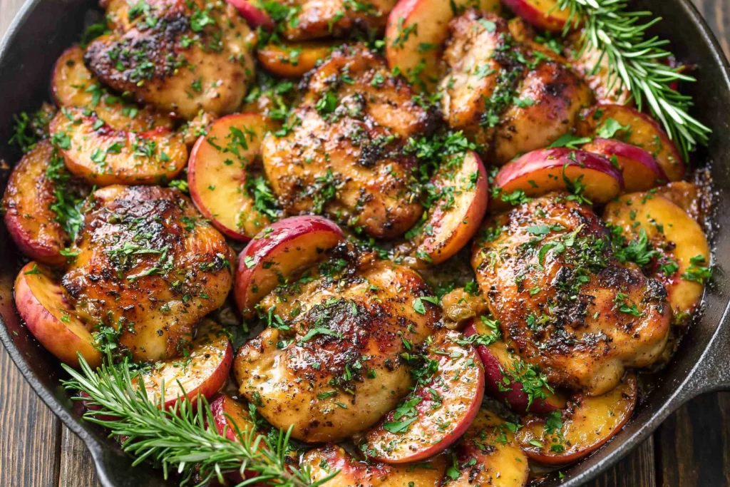 Chicken with Peaches in a cast-iron skillet with caramelized peaches, juicy chicken thighs, fresh herbs, and a honey lemon glaze.