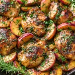Chicken with Peaches in a cast-iron skillet with caramelized peaches, juicy chicken thighs, fresh herbs, and a honey lemon glaze.