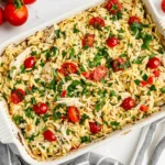 Dump and Bake Chicken Orzo Bake with shredded chicken, orzo, cherry tomatoes, Parmesan, and fresh parsley baked in a casserole dish.