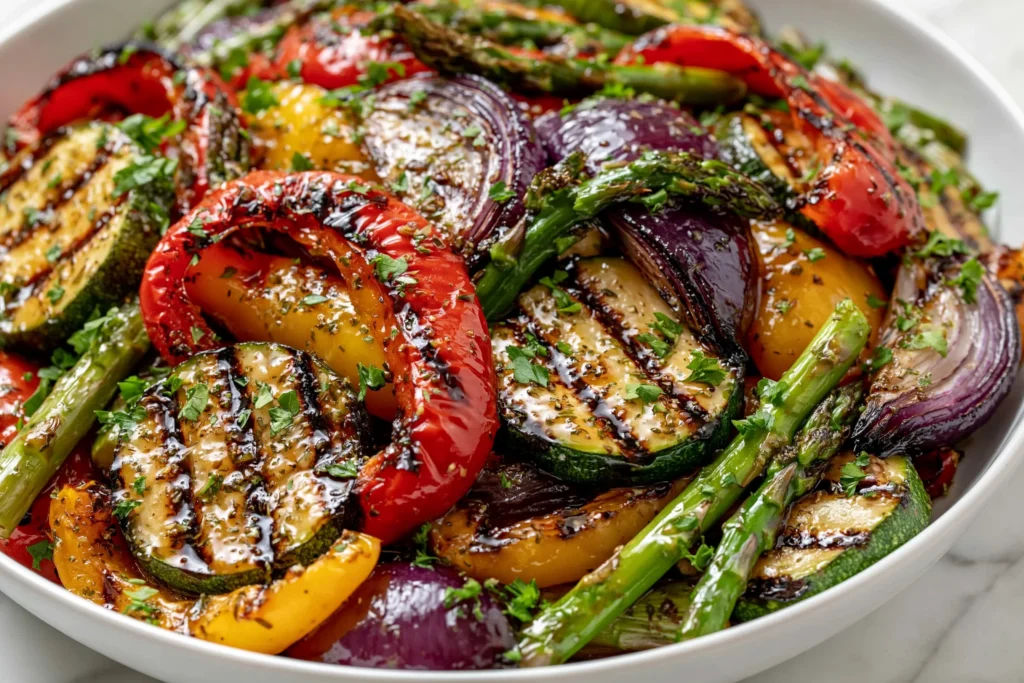 Grilled Veggies with Marinade featuring zucchini, asparagus, bell peppers, and red onion grilled with a balsamic herb marinade