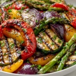 Grilled Veggies with Marinade featuring zucchini, asparagus, bell peppers, and red onion grilled with a balsamic herb marinade