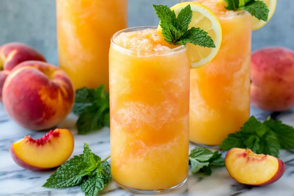Peach Lemonade in a frosty glass garnished with fresh lemon slices, mint leaves, and ripe peaches for a refreshing summer drink.