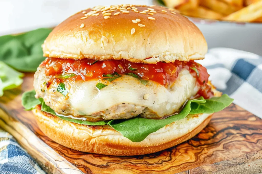 Italian Chicken Burgers with melted mozzarella, marinara sauce, and fresh arugula served on a toasted sesame seed bun