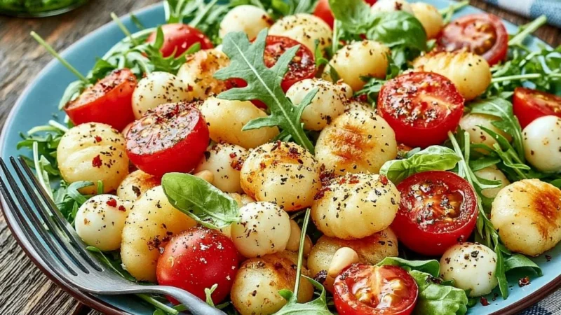 Roasted Gnocchi Salad with Basil Pesto, Tomatoes, Mozzarella, and Arugula