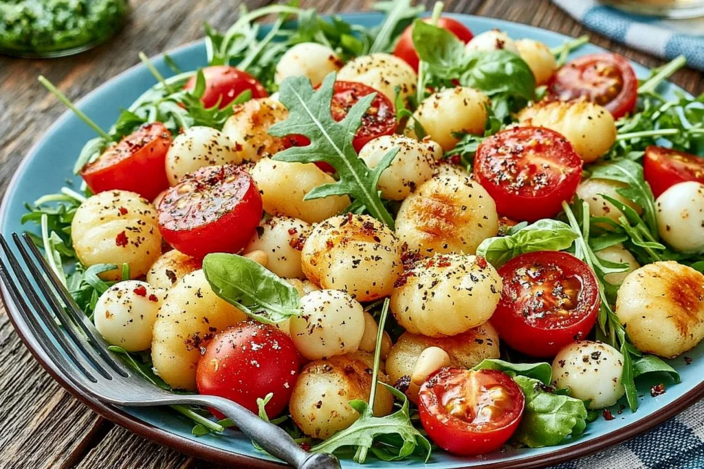 Roasted Gnocchi Salad with crispy potato gnocchi, cherry tomatoes, fresh mozzarella, arugula, basil, and toasted pine nuts