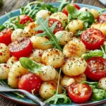 Roasted Gnocchi Salad with crispy potato gnocchi, cherry tomatoes, fresh mozzarella, arugula, basil, and toasted pine nuts