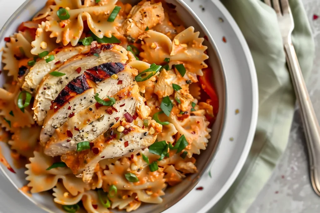 Spicy Chicken Bowtie Pasta topped with sliced Cajun chicken, creamy Parmesan sauce, bowtie pasta, and fresh green onions.