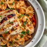 Spicy Chicken Bowtie Pasta topped with sliced Cajun chicken, creamy Parmesan sauce, bowtie pasta, and fresh green onions.