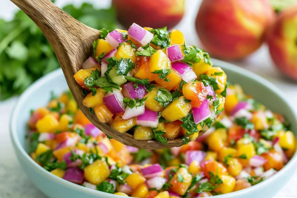 Fresh Peach Salsa served on a wooden spoon with juicy peaches, red onion, cilantro, and lime, ready to enjoy as a fresh summer dip.