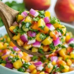 Fresh Peach Salsa served on a wooden spoon with juicy peaches, red onion, cilantro, and lime, ready to enjoy as a fresh summer dip.