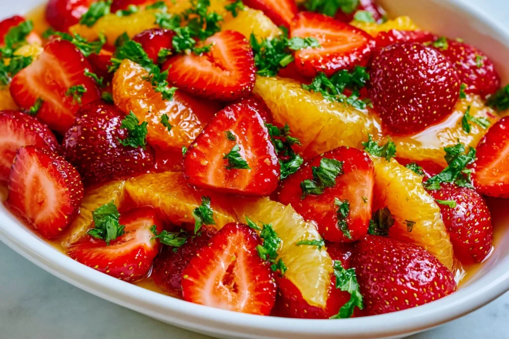 Fresh Strawberry and Orange Salad with juicy strawberries, orange segments, citrus syrup, and chopped mint served in a white bowl.