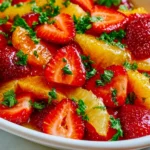 Fresh Strawberry and Orange Salad with juicy strawberries, orange segments, citrus syrup, and chopped mint served in a white bowl.