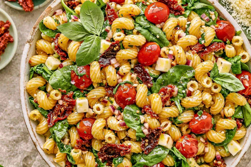 Sun-Dried Tomato Pasta Salad made with cavatappi pasta, fresh spinach, mozzarella, cherry tomatoes, basil, and sun-dried tomatoes