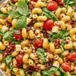 Sun-Dried Tomato Pasta Salad made with cavatappi pasta, fresh spinach, mozzarella, cherry tomatoes, basil, and sun-dried tomatoes