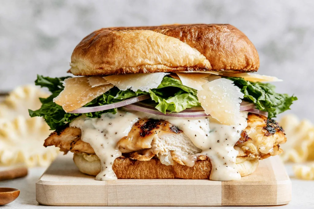 Grilled Chicken Caesar Burger with grilled chicken, creamy Caesar dressing, shaved Parmesan, crisp romaine lettuce, red onion, and a toasted brioche bun.