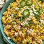 Grilled Corn Elote Pasta Salad Greek Yogurt served with charred corn, shredded chicken, cotija cheese, fresh cilantro, jalapeño slices, and lime in a large bowl.