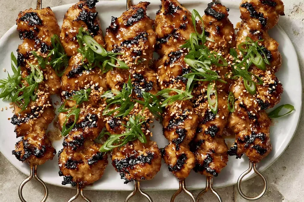 Honey Garlic Asian Chicken Kabobs with caramelized grill marks, sesame seeds, and sliced green onions on a white platter
