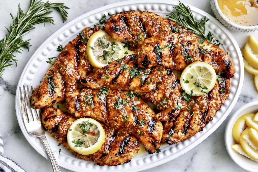 Grilled Honey Mustard Chicken Tenders served on a platter with lemon slices, fresh rosemary, and a glossy honey Dijon glaze, perfectly grilled until juicy and tender.