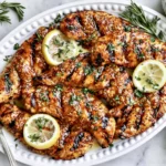 Grilled Honey Mustard Chicken Tenders served on a platter with lemon slices, fresh rosemary, and a glossy honey Dijon glaze, perfectly grilled until juicy and tender.