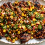 Grilled Jalapeño Peach Chicken topped with fresh peach jalapeño salsa, featuring juicy grilled chicken glazed with peach preserves and garnished with cilantro.