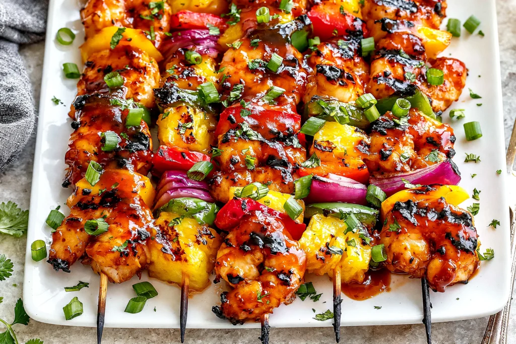 Grilled Shrimp Skewer with pineapple, bell peppers, red onion, green onions, and glossy sweet tangy glaze.