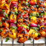 Grilled Shrimp Skewer with pineapple, bell peppers, red onion, green onions, and glossy sweet tangy glaze.