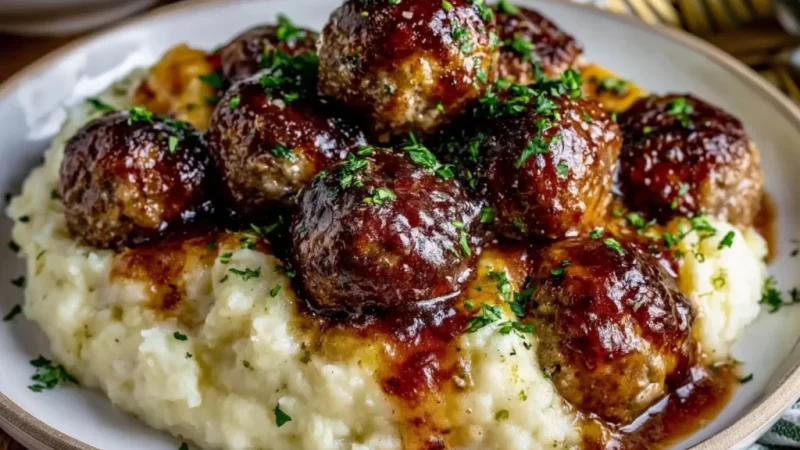 Salisbury Steak Meatballs with Garlic Herb Mashed Potatoes