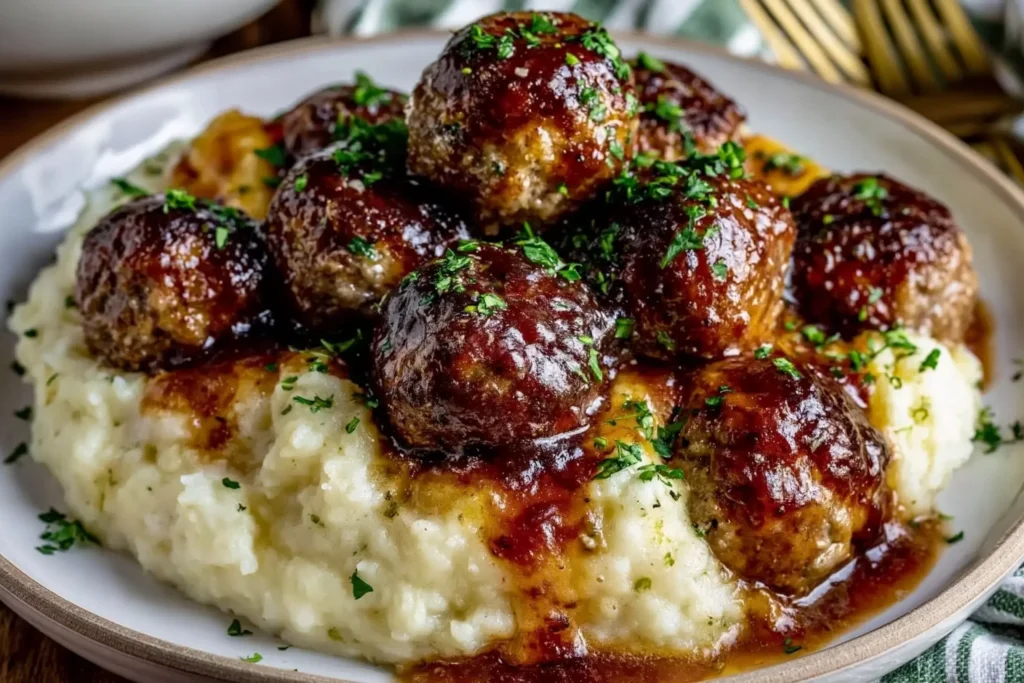 Homemade Salisbury Steak Meatballs with Garlic Herb Mashed Potatoes served with rich brown onion gravy and fresh parsley for a comforting family dinner.