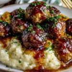 Homemade Salisbury Steak Meatballs with Garlic Herb Mashed Potatoes served with rich brown onion gravy and fresh parsley for a comforting family dinner.