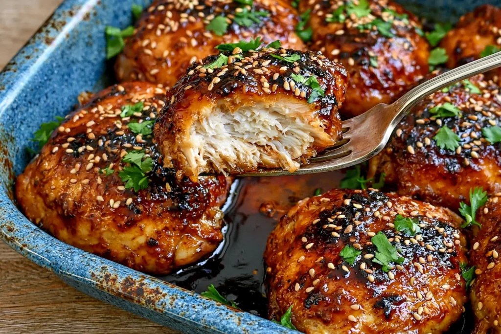 Close-up of a juicy chicken country club dish showing tender, oven-baked chicken with a sweet apricot glaze, garnished with parsley and sesame seeds.