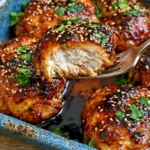 Close-up of a juicy chicken country club dish showing tender, oven-baked chicken with a sweet apricot glaze, garnished with parsley and sesame seeds.