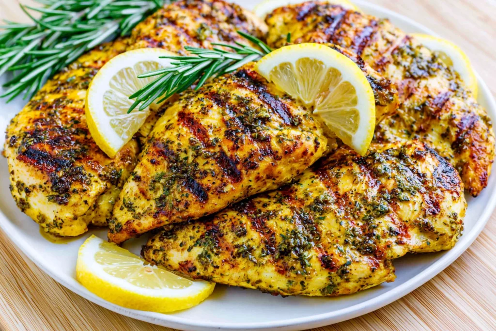 Grilled Lemon Rosemary Chicken Breast garnished with fresh rosemary sprigs and lemon slices, featuring juicy herb-marinated chicken with beautiful grill marks.
