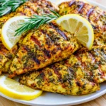 Grilled Lemon Rosemary Chicken Breast garnished with fresh rosemary sprigs and lemon slices, featuring juicy herb-marinated chicken with beautiful grill marks.