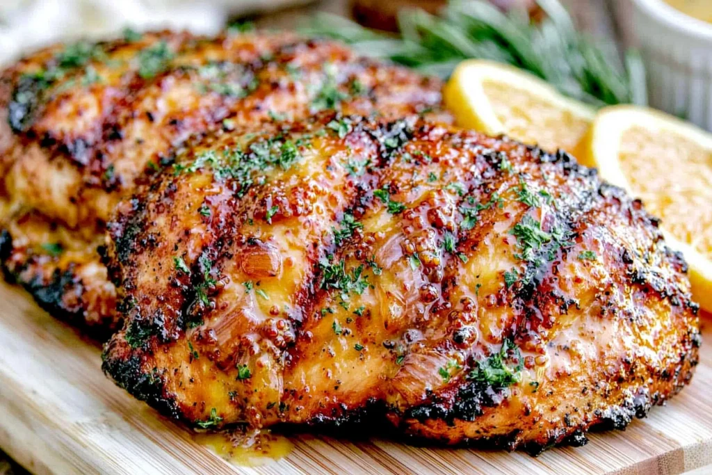 Orange Dijon Grilled Chicken served on a wooden board with a sweet and tangy citrus Dijon glaze, juicy grilled chicken breasts with caramelized edges and fresh parsley.