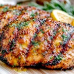 Orange Dijon Grilled Chicken served on a wooden board with a sweet and tangy citrus Dijon glaze, juicy grilled chicken breasts with caramelized edges and fresh parsley.