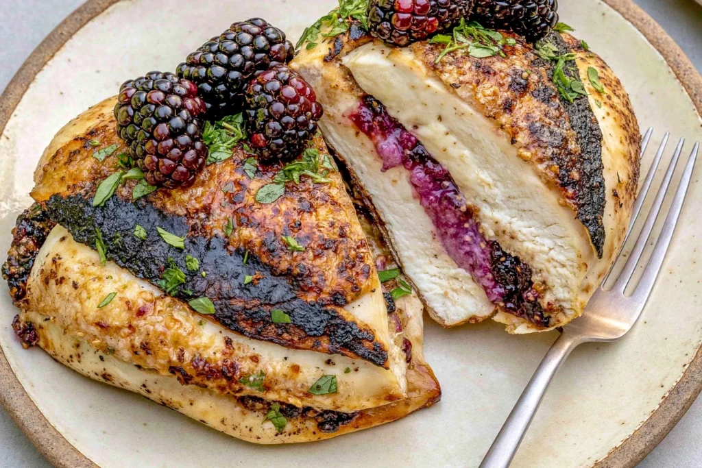 Melty Blackberry Jalapeno Stuffed Chicken with gooey melted cheese, juicy blackberry filling, and fresh herbs, sliced and served on a plate.