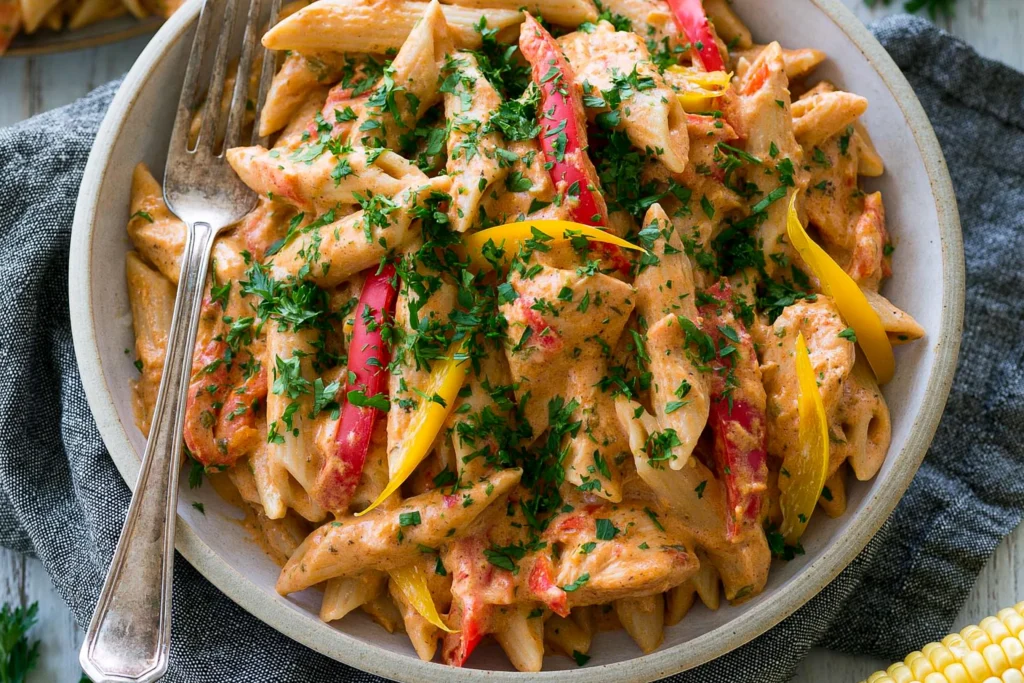 Creamy One Pot Cajun Chicken Pasta served in a bowl with tender chicken, penne pasta, red and yellow bell peppers, and fresh parsley.