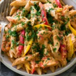 Creamy One Pot Cajun Chicken Pasta served in a bowl with tender chicken, penne pasta, red and yellow bell peppers, and fresh parsley.