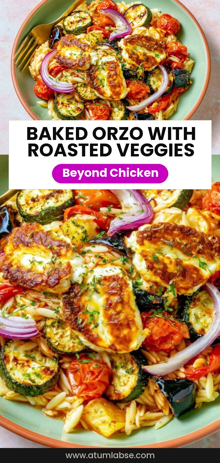Baked Orzo Roasted Mediterranean Vegetables with Halloumi